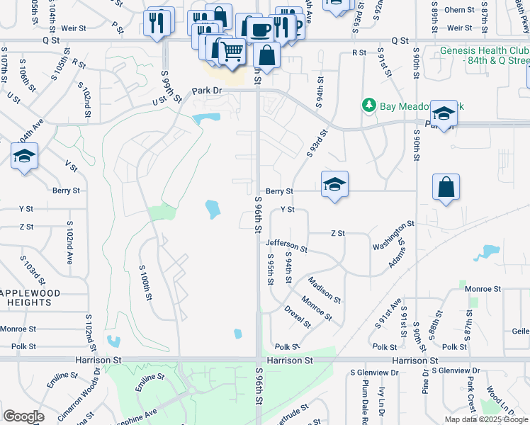 map of restaurants, bars, coffee shops, grocery stores, and more near 6004 South 95th Street in Omaha