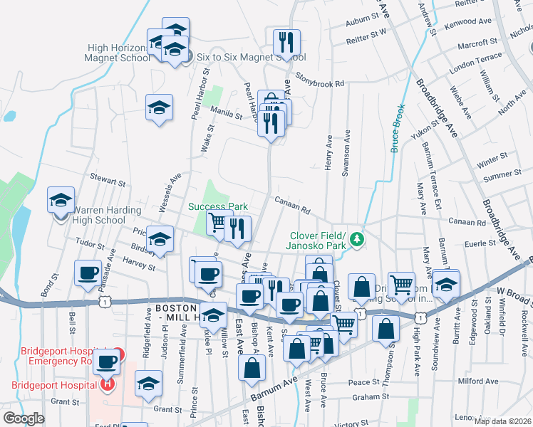 map of restaurants, bars, coffee shops, grocery stores, and more near 340 Success Avenue in Bridgeport