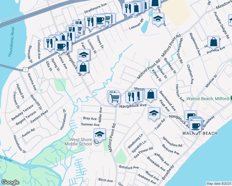 map of restaurants, bars, coffee shops, grocery stores, and more near 13 Lincoln Avenue in Milford