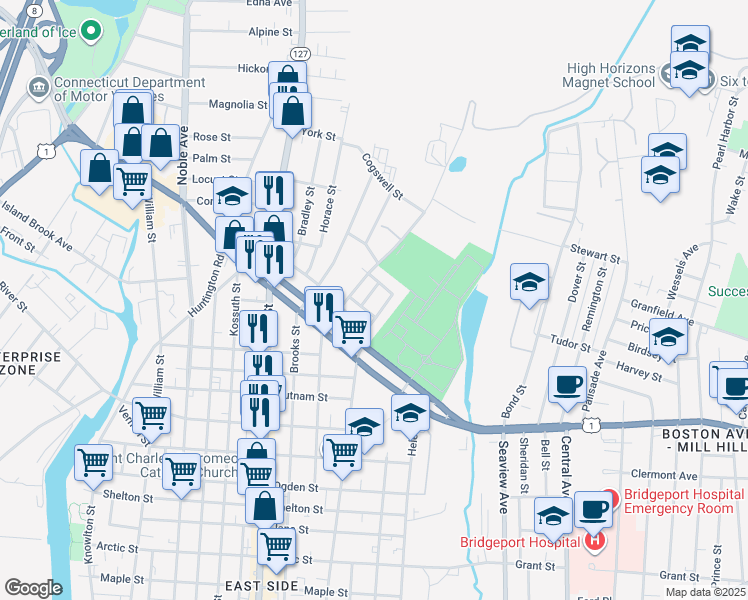 map of restaurants, bars, coffee shops, grocery stores, and more near 22 Carver Street in Bridgeport