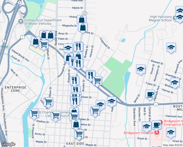 map of restaurants, bars, coffee shops, grocery stores, and more near 43 Asylum Street in Bridgeport