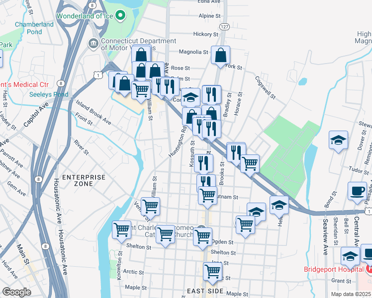 map of restaurants, bars, coffee shops, grocery stores, and more near 1395 Kossuth Street in Bridgeport