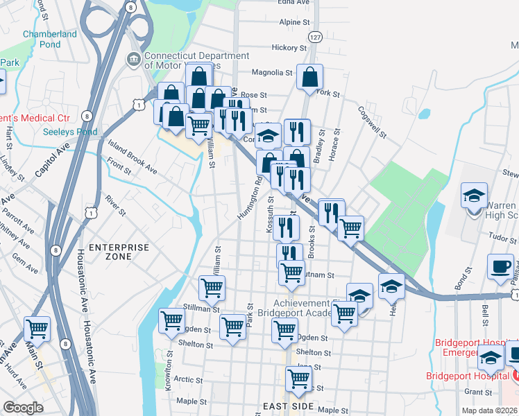 map of restaurants, bars, coffee shops, grocery stores, and more near 1395 Kossuth Street in Bridgeport