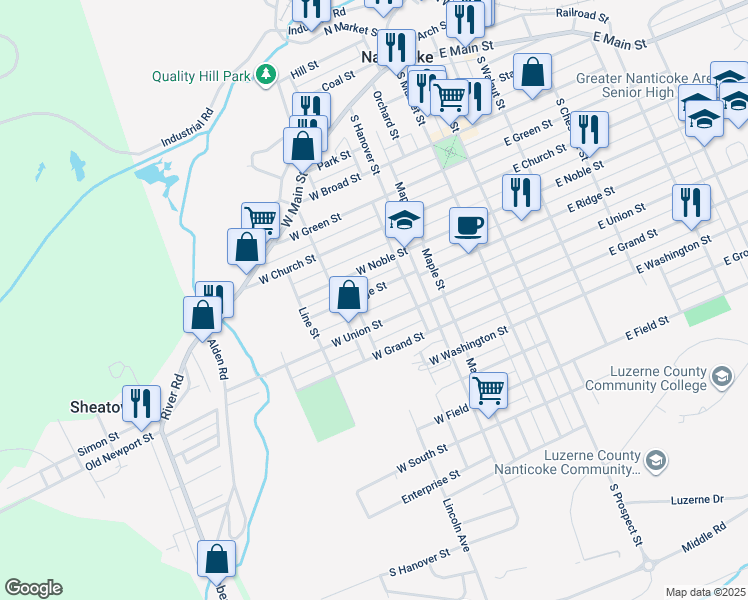 map of restaurants, bars, coffee shops, grocery stores, and more near 137 West Ridge Street in Nanticoke