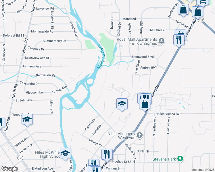 map of restaurants, bars, coffee shops, grocery stores, and more near 45 Woodland Chase Boulevard in Niles