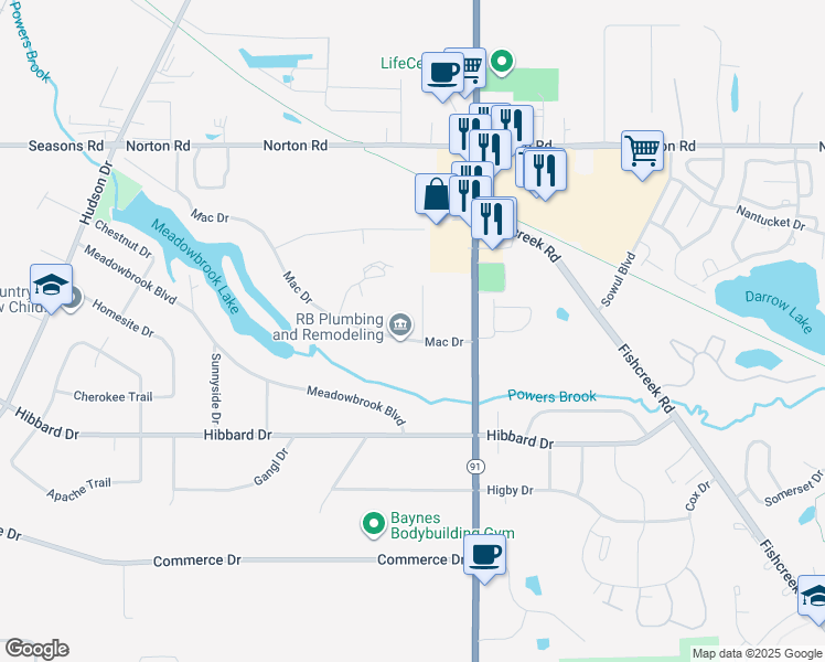 map of restaurants, bars, coffee shops, grocery stores, and more near 1555 Mac Drive in Stow