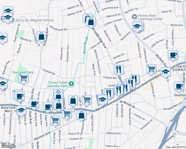 map of restaurants, bars, coffee shops, grocery stores, and more near 248 Canaan Road in Stratford
