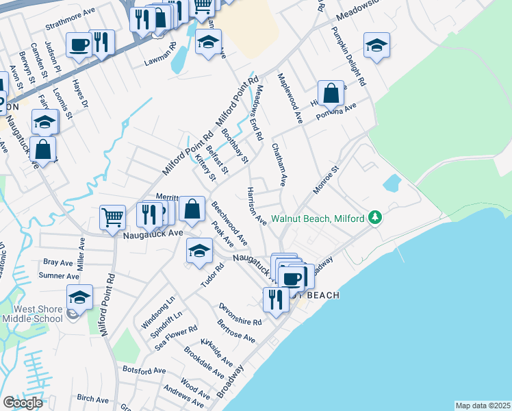 map of restaurants, bars, coffee shops, grocery stores, and more near 8 Fern Street in Milford