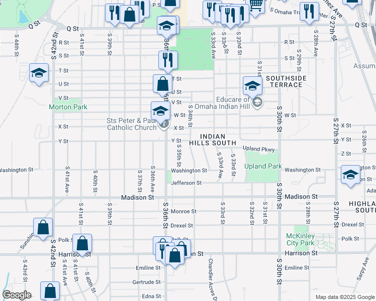 map of restaurants, bars, coffee shops, grocery stores, and more near 6014 South 34th Avenue in Omaha