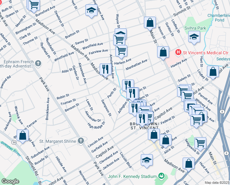 map of restaurants, bars, coffee shops, grocery stores, and more near 68 Perth Street in Bridgeport