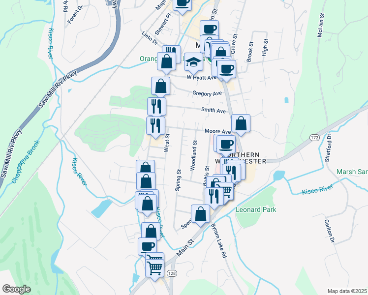 map of restaurants, bars, coffee shops, grocery stores, and more near 37 Spring Street in Mount Kisco