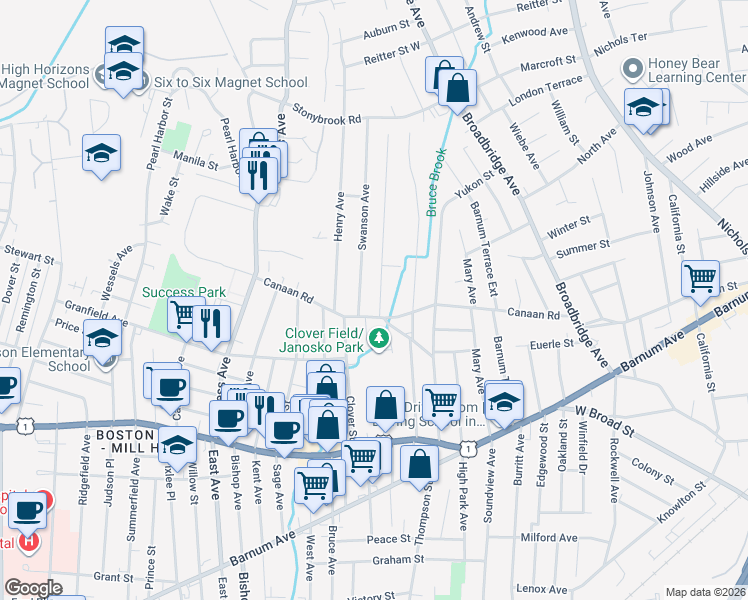 map of restaurants, bars, coffee shops, grocery stores, and more near 34 Swanson Avenue in Stratford