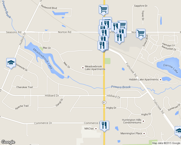 map of restaurants, bars, coffee shops, grocery stores, and more near 1555 Mac Dr in Stow