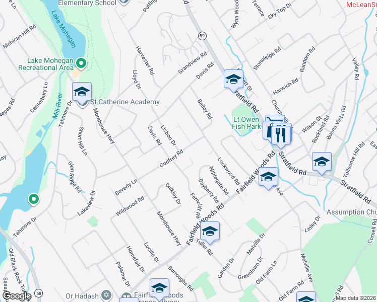 map of restaurants, bars, coffee shops, grocery stores, and more near 95 Greenleigh Road in Fairfield
