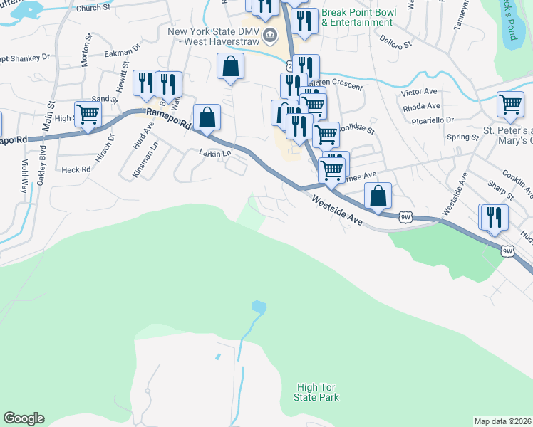 map of restaurants, bars, coffee shops, grocery stores, and more near 100 Dowd Street in Haverstraw