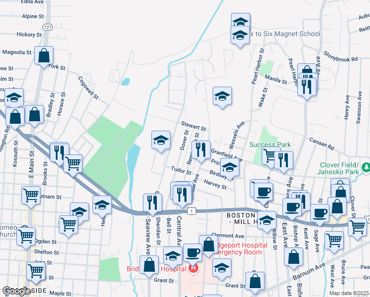 map of restaurants, bars, coffee shops, grocery stores, and more near 310 Dover Street in Bridgeport