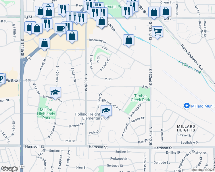 map of restaurants, bars, coffee shops, grocery stores, and more near 13636 Z Street in Omaha
