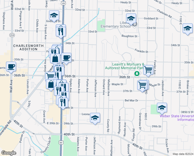 map of restaurants, bars, coffee shops, grocery stores, and more near 3602 Jefferson Avenue in Ogden