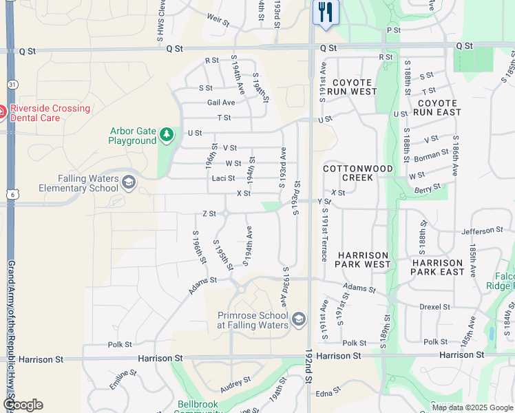 map of restaurants, bars, coffee shops, grocery stores, and more near 19370 Y Street in Omaha