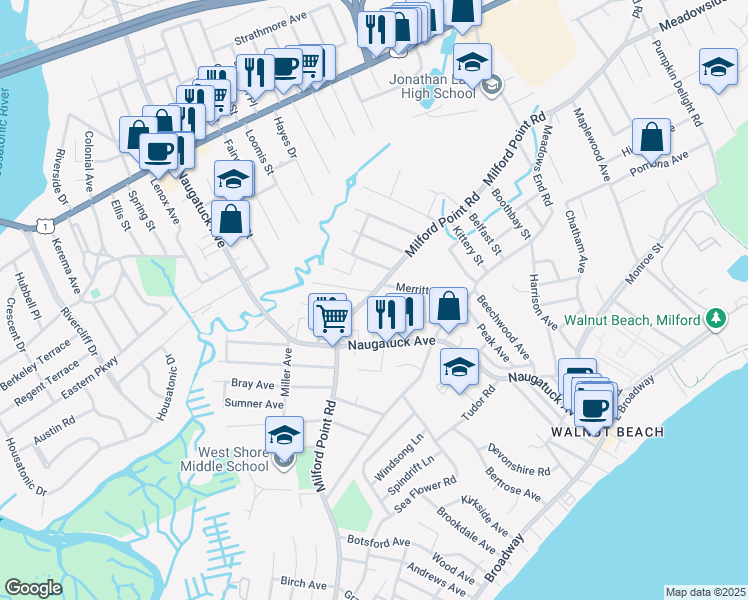 map of restaurants, bars, coffee shops, grocery stores, and more near 693 Milford Point Road in Milford