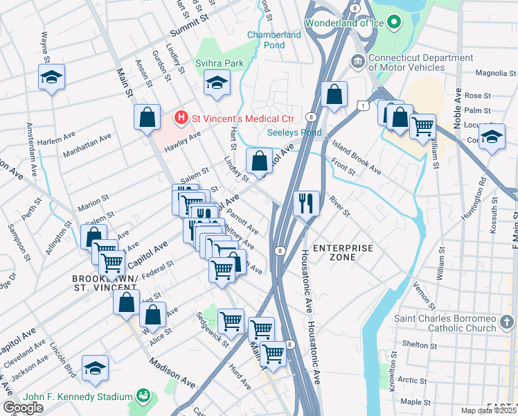 map of restaurants, bars, coffee shops, grocery stores, and more near 166 French Street in Bridgeport