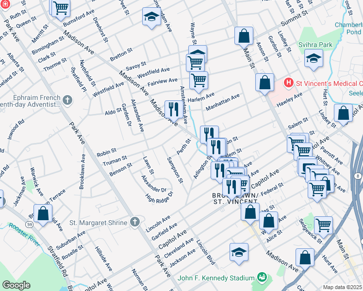 map of restaurants, bars, coffee shops, grocery stores, and more near 68 Perth Street in Bridgeport