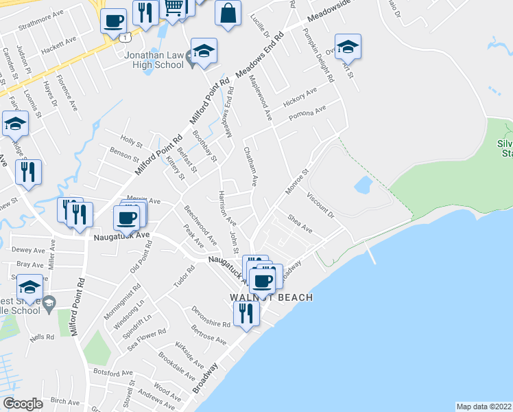 map of restaurants, bars, coffee shops, grocery stores, and more near 23 Chatham Avenue in Milford