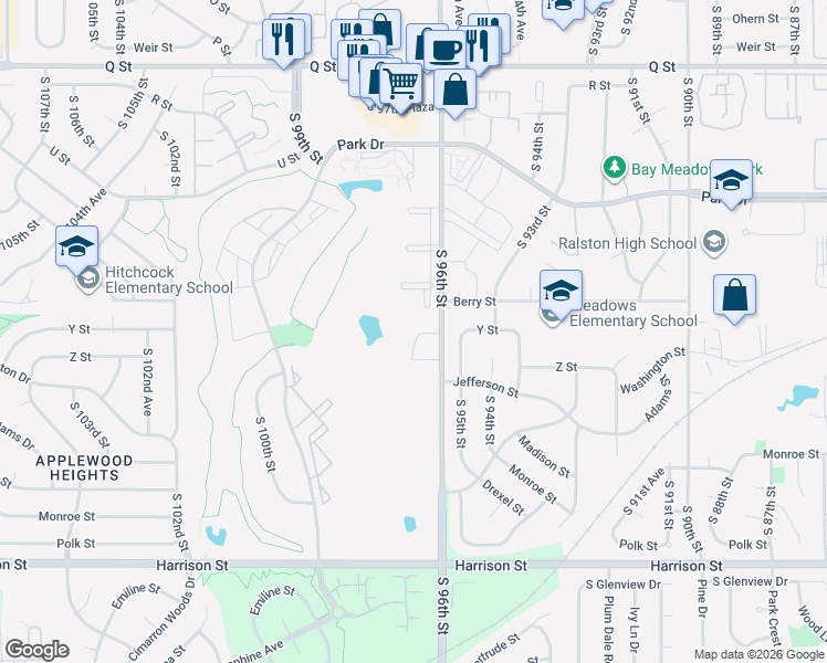map of restaurants, bars, coffee shops, grocery stores, and more near 6110 South 96th Court in Omaha