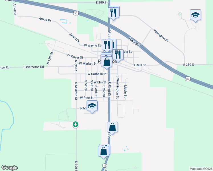 map of restaurants, bars, coffee shops, grocery stores, and more near 206 S 1st St in Pierceton