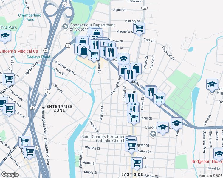 map of restaurants, bars, coffee shops, grocery stores, and more near 1154 Noble Ave in Bridgeport