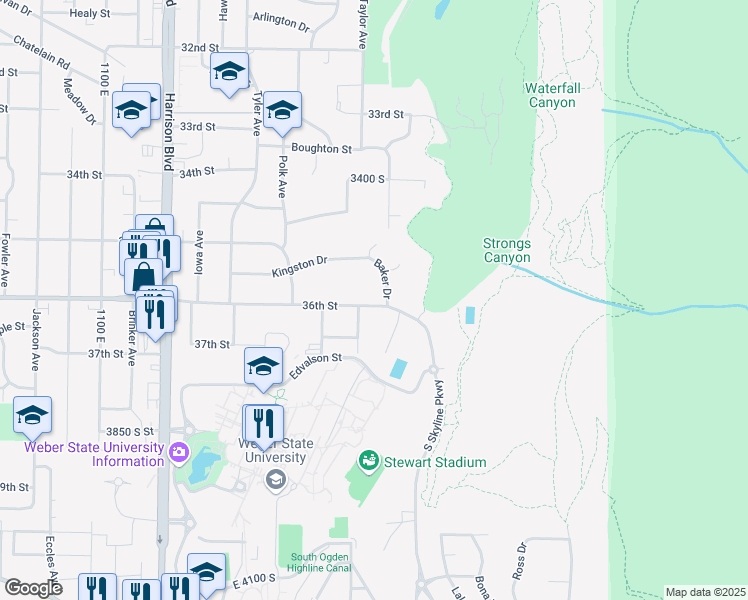 map of restaurants, bars, coffee shops, grocery stores, and more near 1500 36th Street in Ogden