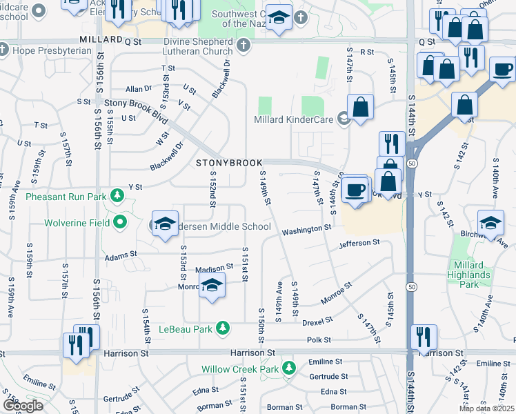 map of restaurants, bars, coffee shops, grocery stores, and more near 6111 South 151st Street in Omaha