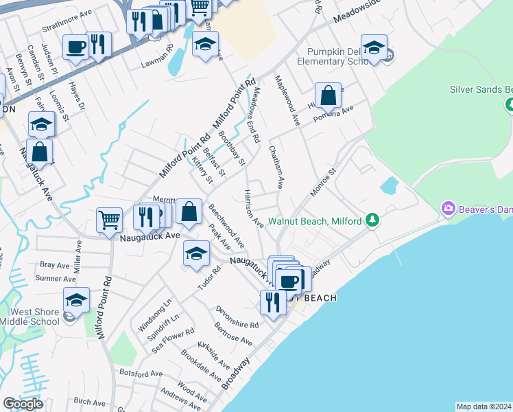 map of restaurants, bars, coffee shops, grocery stores, and more near 8 Fern Street in Milford