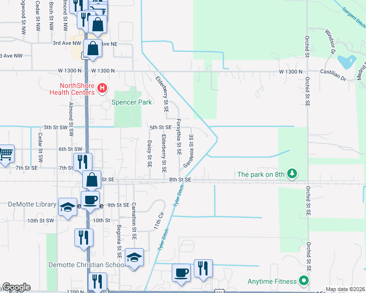 map of restaurants, bars, coffee shops, grocery stores, and more near 545 Forsythia Street Southeast in De Motte