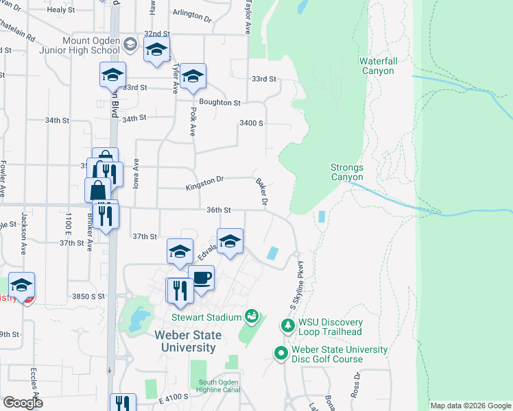 map of restaurants, bars, coffee shops, grocery stores, and more near 1500 36th Street in Ogden