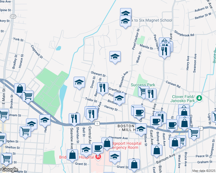 map of restaurants, bars, coffee shops, grocery stores, and more near 275 Palisade Avenue in Bridgeport