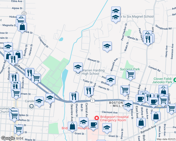map of restaurants, bars, coffee shops, grocery stores, and more near 310 Dover Street in Bridgeport