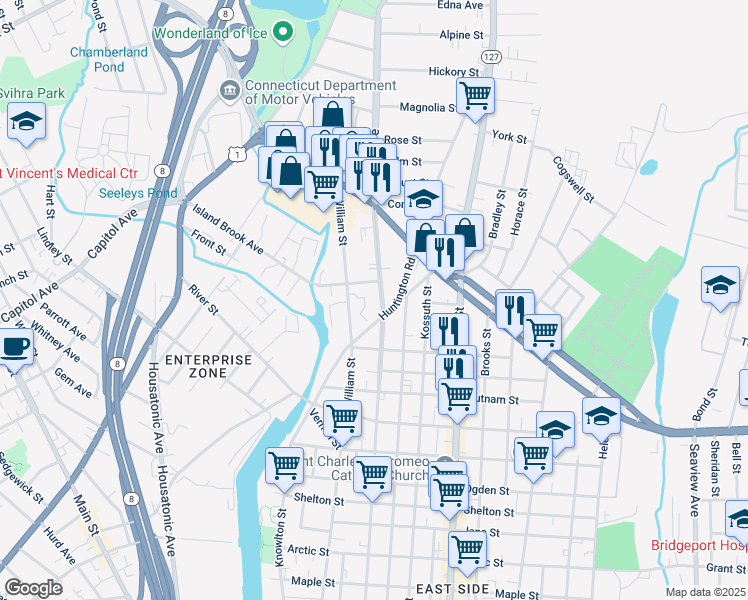 map of restaurants, bars, coffee shops, grocery stores, and more near 1154 Noble Avenue in Bridgeport