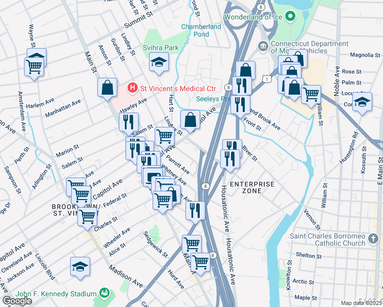 map of restaurants, bars, coffee shops, grocery stores, and more near 509 Lindley Street in Bridgeport