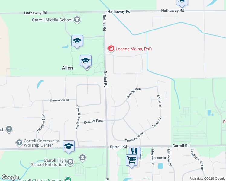 map of restaurants, bars, coffee shops, grocery stores, and more near 12509-12515 Wandering Way in Fort Wayne