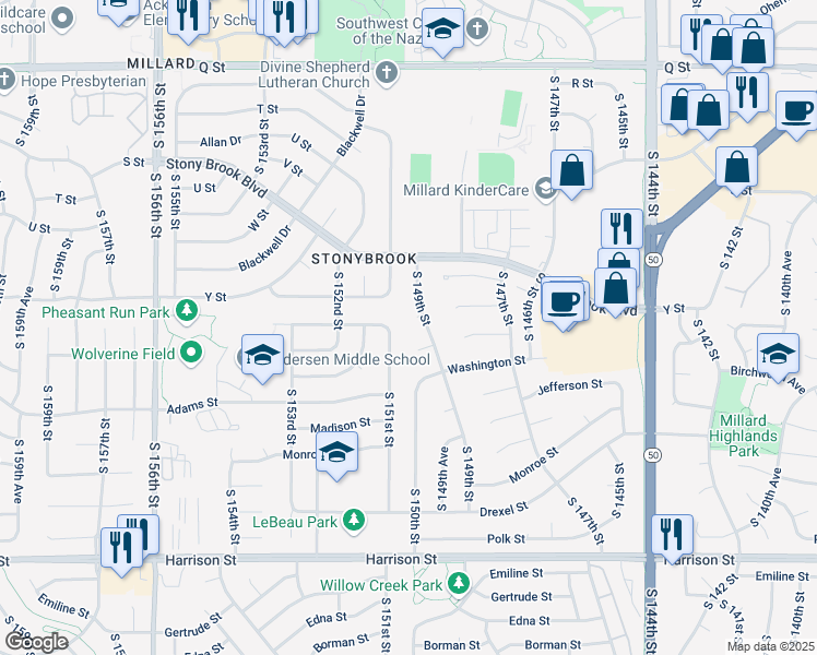 map of restaurants, bars, coffee shops, grocery stores, and more near 6111 South 151st Street in Omaha