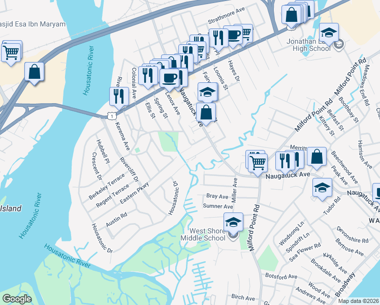 map of restaurants, bars, coffee shops, grocery stores, and more near 35 Mathew Street in Milford