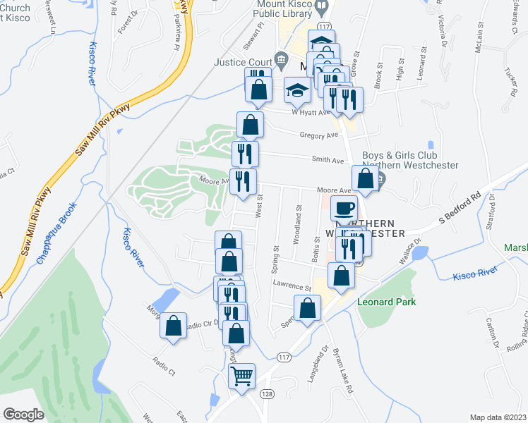 map of restaurants, bars, coffee shops, grocery stores, and more near 33 West Street in Mount Kisco