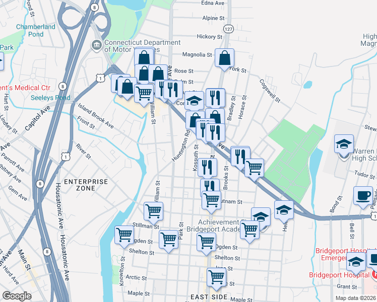 map of restaurants, bars, coffee shops, grocery stores, and more near 1395 Kossuth Street in Bridgeport
