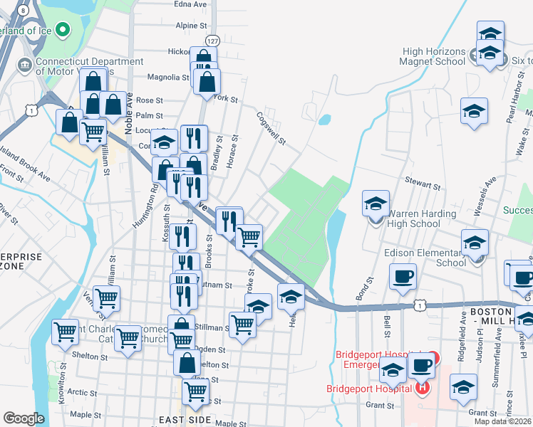 map of restaurants, bars, coffee shops, grocery stores, and more near 22 Carver Street in Bridgeport