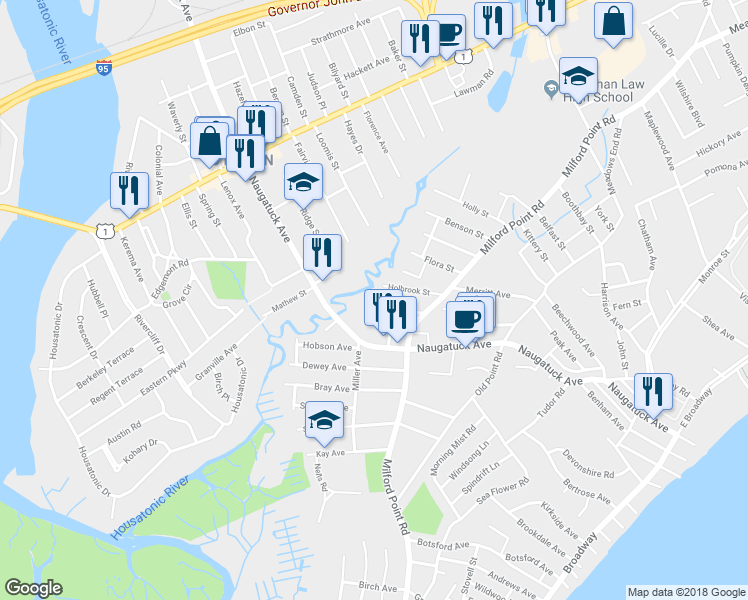 map of restaurants, bars, coffee shops, grocery stores, and more near 43 Lincoln Avenue in Milford