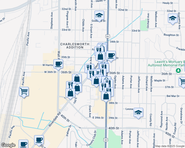 map of restaurants, bars, coffee shops, grocery stores, and more near 321 36th Street in Ogden
