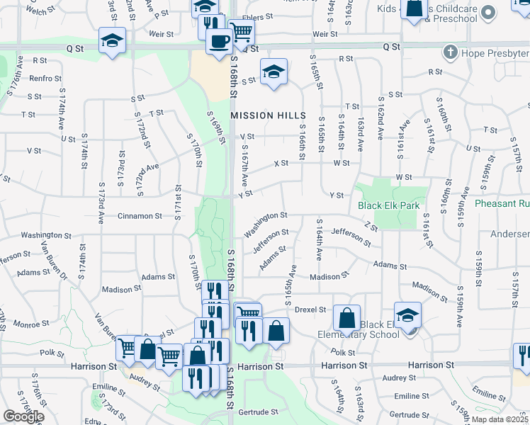 map of restaurants, bars, coffee shops, grocery stores, and more near 16692 Washington Street in Omaha