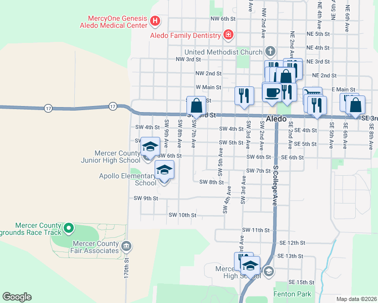 map of restaurants, bars, coffee shops, grocery stores, and more near 603 Southwest 6th Street in Aledo