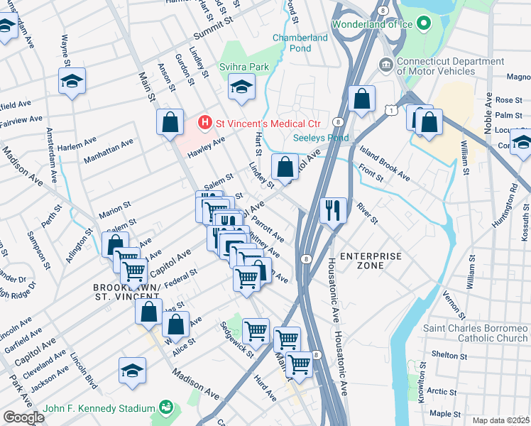map of restaurants, bars, coffee shops, grocery stores, and more near 197 French Street in Bridgeport